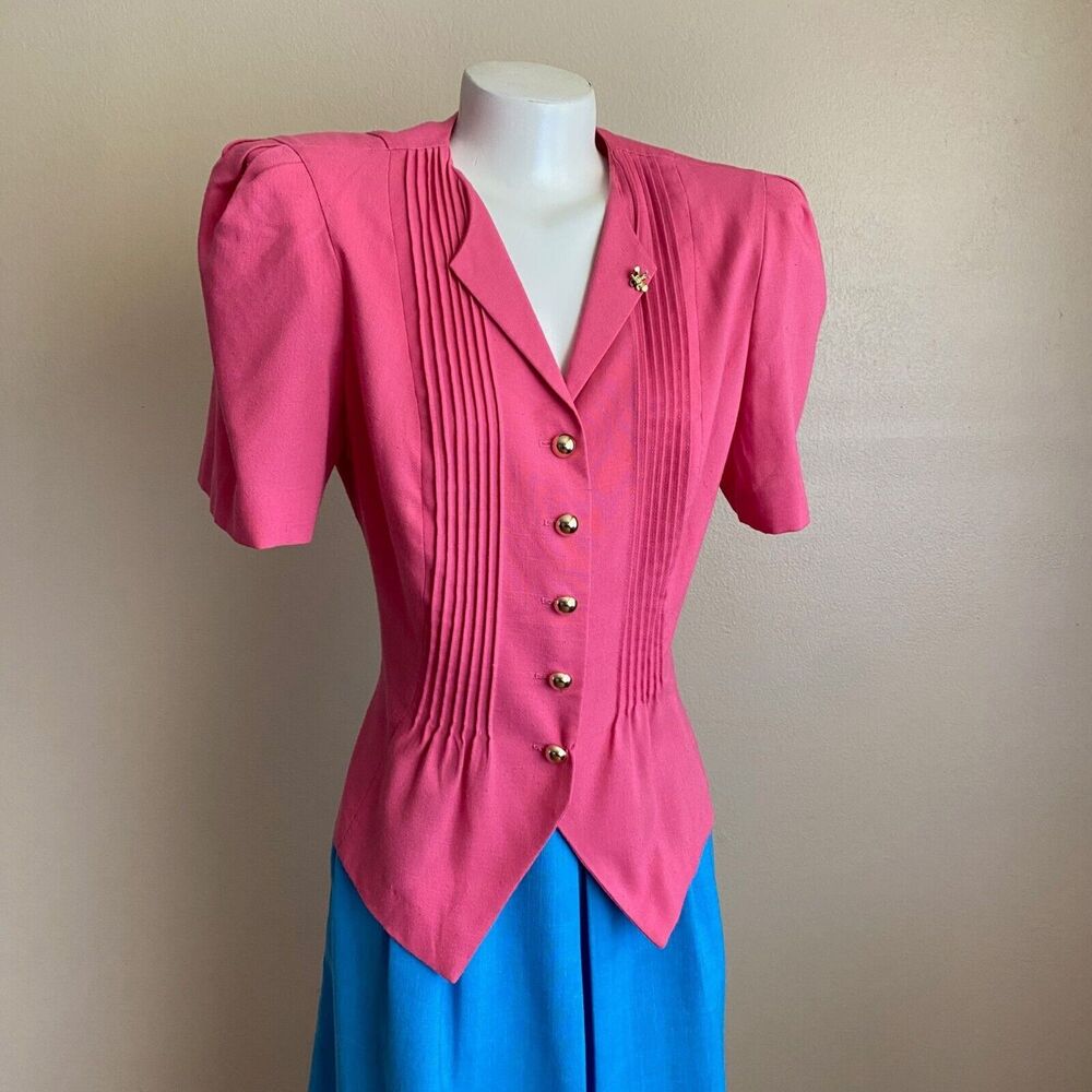VTG 80s Leslie Fay Petite Size M Pink Short Sleeve Blazer Gold Button Bee Brooch